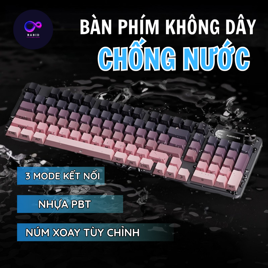 Bàn Phím Không Dây Bluetooth Rabid IP98, LED RGB, Có núm xoay, Chống nước, Phím PBT, Chống Ồn-BH12T