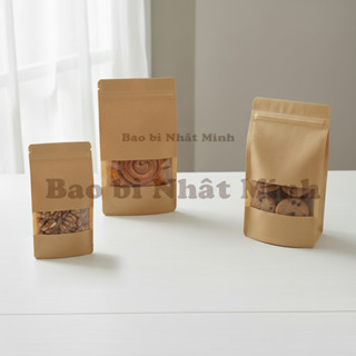  {0,5-1kg} Túi zip 8 cạnh giấy đựng thực phẩm,đựng hạt,bánh kẹo có cửa sổ màu NÂU VÀNG chống nước 