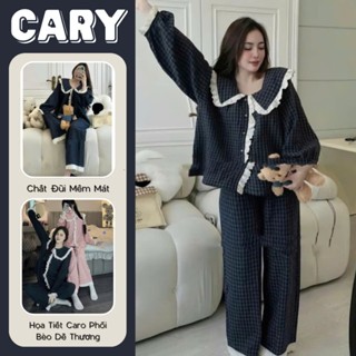  Bộ pijama kẻ bèo tiểu thư tay dài quần dài đồ bộ sọc caro mặc nhà thu đông chất vải đũi xốp tiểu thư sang chảnh CARY 