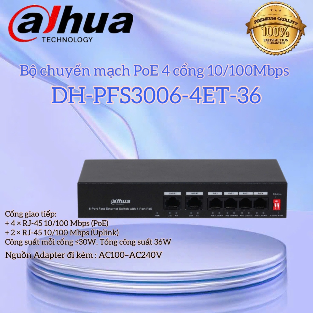 Bộ chuyển mạch PoE 4 cổng 10/100Mbps DAHUA DH-PFS3006-4ET-36