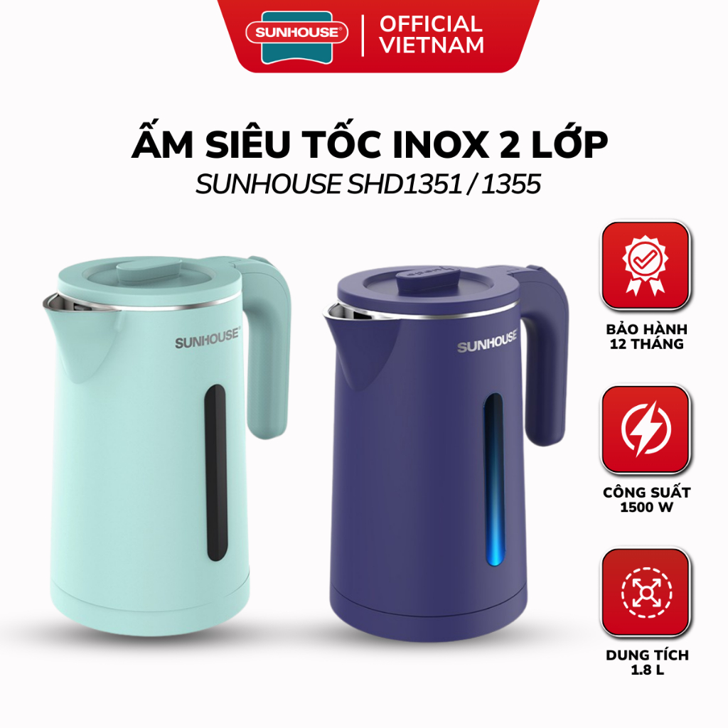 Ấm Siêu Tốc Inox 2 Lớp 1.8L SUNHOUSE SHD1351 / SHD1355 - Bảo Hành 12 Tháng, Công Suất 1500W Inox 304