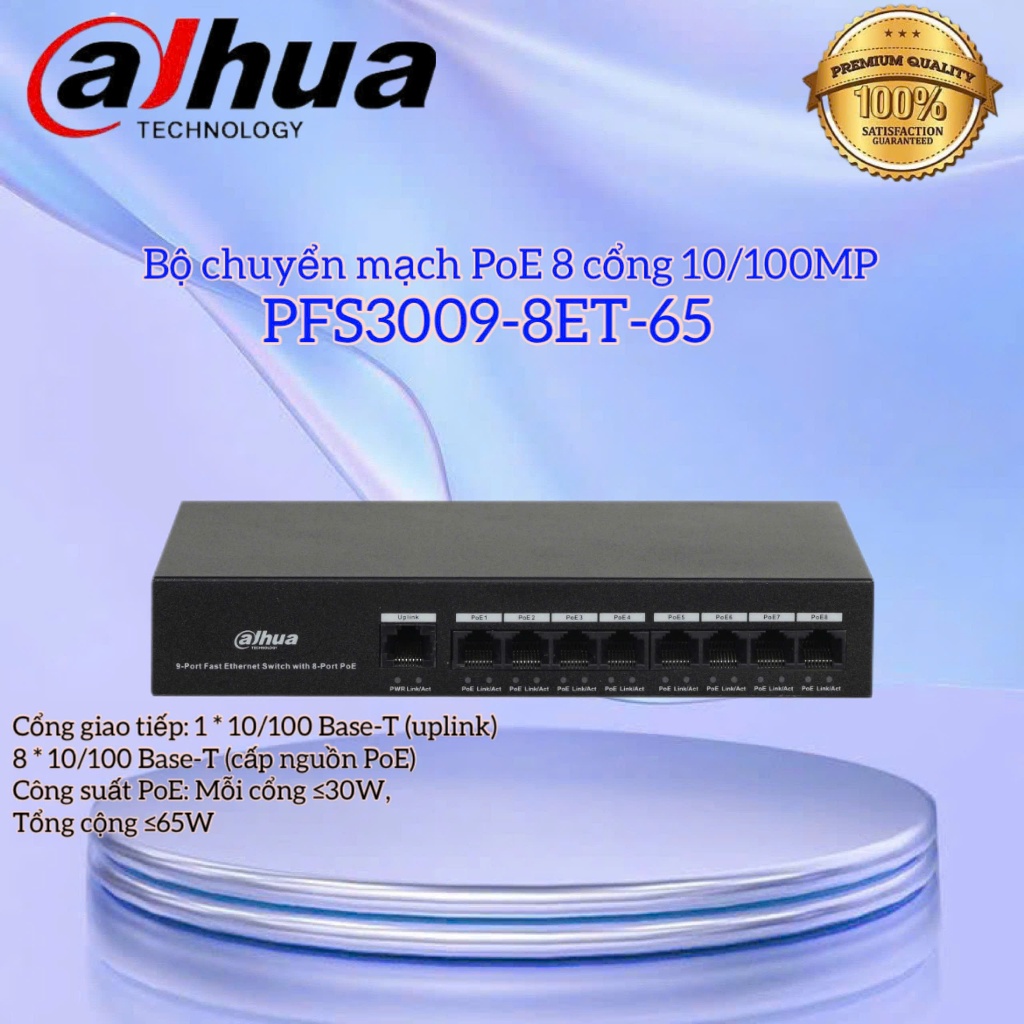 Bộ chuyển mạch PoE 8 cổng 10/100Mbps DAHUA PFS3009-8ET-65