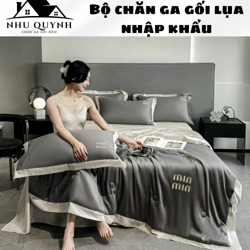 Bộ 4 món chăn ga gối phi lụa thêu nơ cao cấp, Bộ drap chăn trần chất liệu phi lụa mềm mại, thoáng má