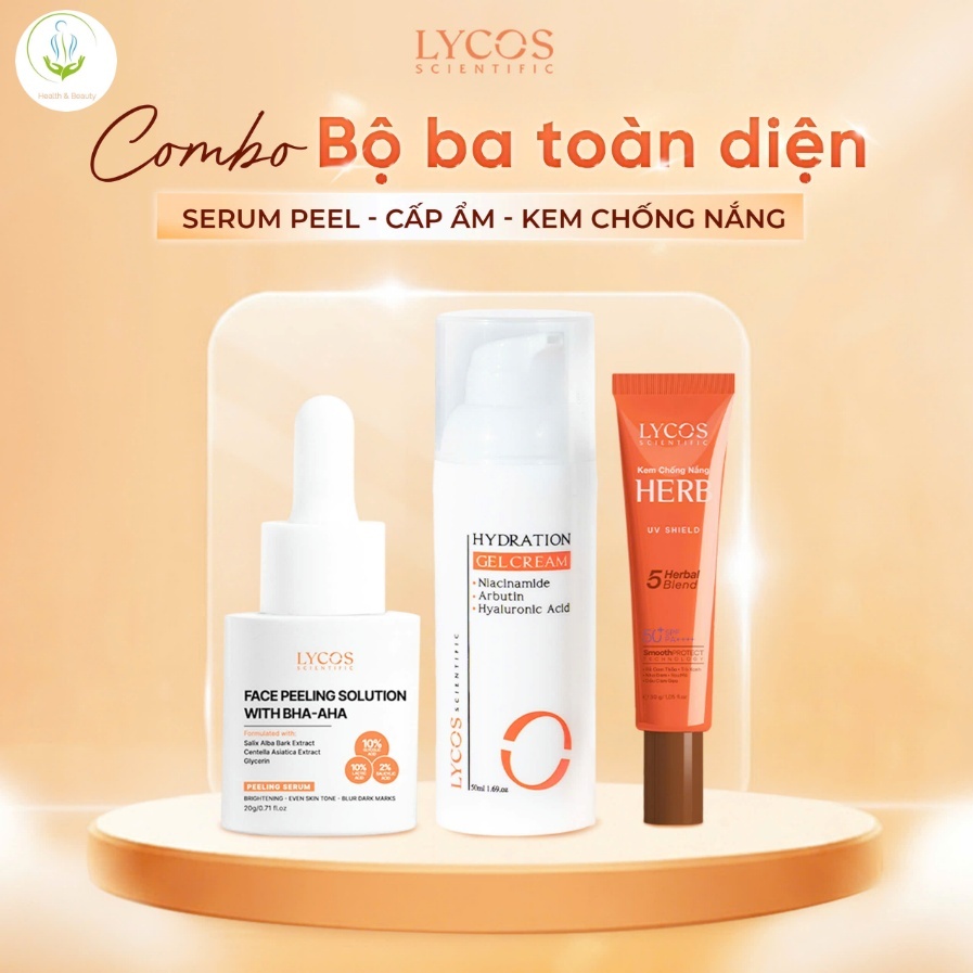 Bộ 3 toàn diện Lycos: Tinh Chất Peel, Gel Cấp Ẩm, Kem Chống Nắng giảm mụn, sáng mịn da