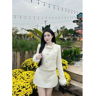  Sét đồ nữ sét dạ tweed nữ áo dạ trắng cổ đính hoa kèm chân váy ngắn siêu xinh shop HN DESIGN 