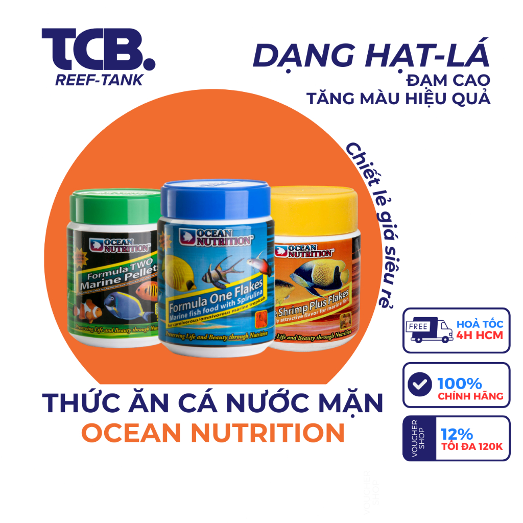 Thức ăn cá biển Ocean Nutrition hạt màu xanh lá và xanh dương cho bể san hô và cá cảnh biển
