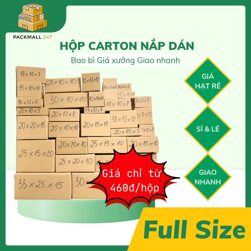 Combo 10 Hộp Carton Đối Khẩu Đầy Đủ Kích Thước Tiết Kiệm Thời Gian, Chi Phí, Giá Cả Tốt Packmall247