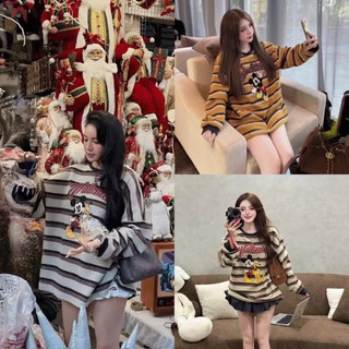    HÀNG QC   Áo Nỉ Dạ Kẻ Mickey Form Dài Rộng 