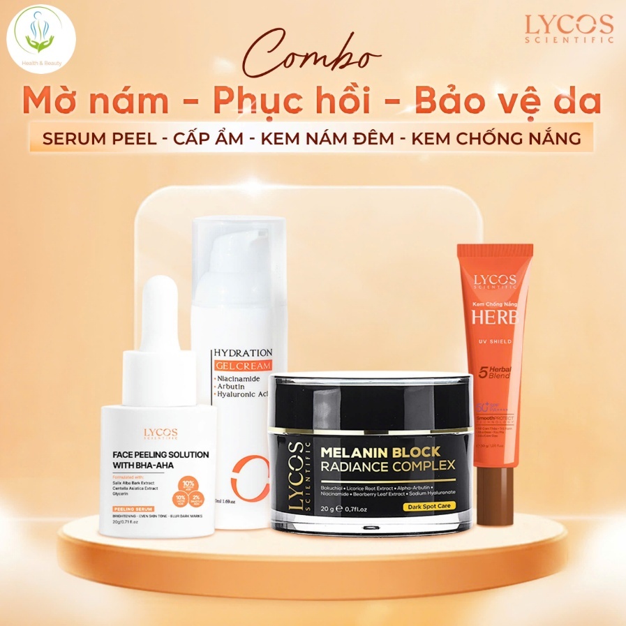 Combo 4 Sáng Da Mờ Nám Lycos (giảm 10%): Peel Da + Kem Nám đêm + Dưỡng ẩm + Kem Chống nắng Lycos