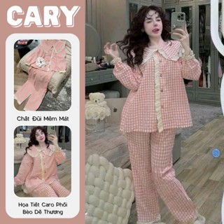  Bộ pijama dài tay chất đũi xốp kẻ caro đồ bộ ngủ nữ pyjama tay dài quần dài đồ bộ mặc nhà cổ bèo phối ren siêu xinh CARY 