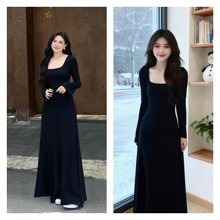 Đầm Váy Zip Dáng Dài Ôm Body Con Cổ U Chiết Eo Tay Dài Tone Màu Đen Đơn Giản Nhẹ Nhàng, Trẻ Trung Tôn Dáng Cực Đỉnh