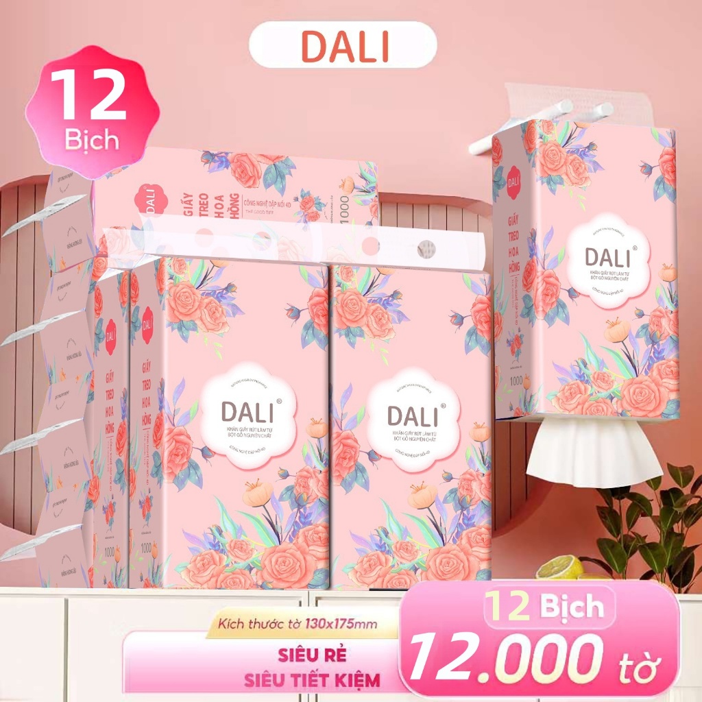 Thùng 12 Bịch Giấy Treo Đa Năng DALI Hoa Hồng, Khăn Rút Treo Trường 4 Lớp mỗi bịch 1000 Tờ Tặng Kèm 6 Móc Treo