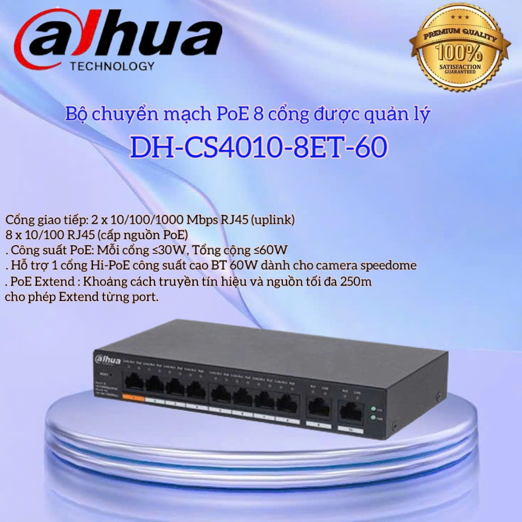 Bộ chuyển mạch PoE 8 cổng được quản lý DAHUA DH-CS4010-8ET-60 - ĐỔI QUA QUA MÃ CS4010-8ET2GT-60