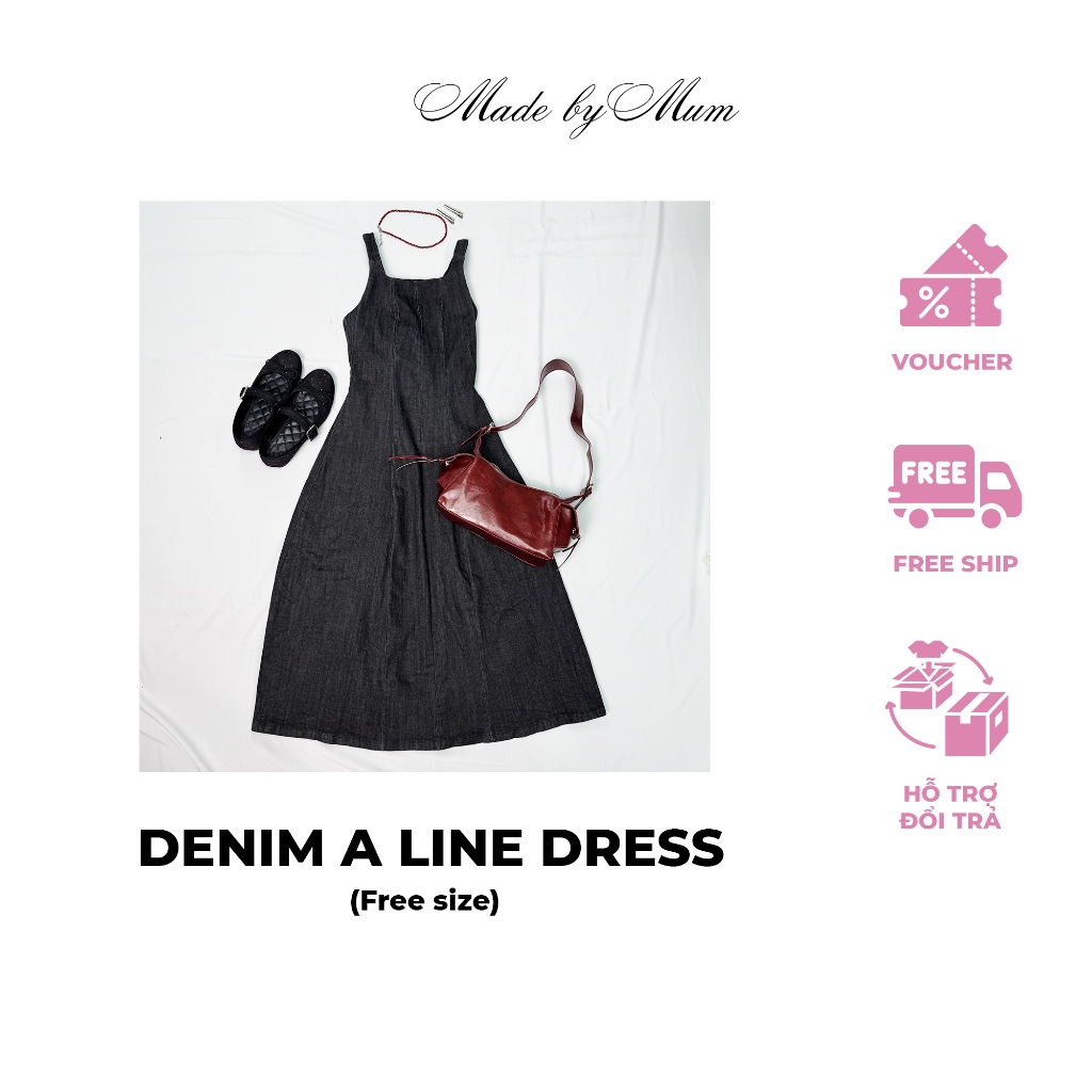 MADE MY MUM - Đầm hai dây MADE BY MUM Denim A Line Dress Thời Trang Thanh Lịch Màu Đen