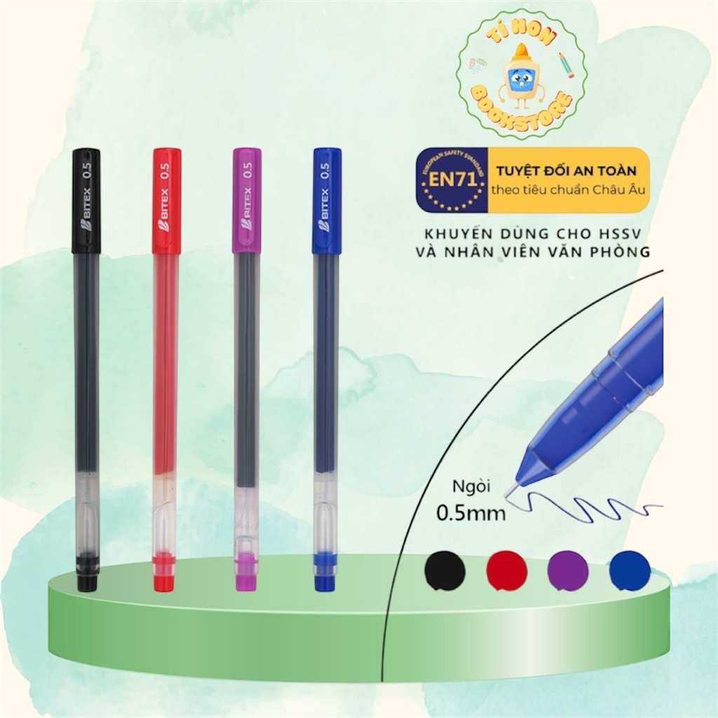 Combo 10 Bút gel G08 Bitex mực xanh/đỏ/đen/tím, nét 0.5mm, Viết êm trơn, mực ra đều