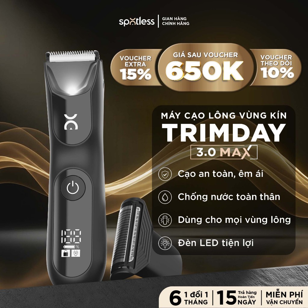 Máy cạo lông vùng kín nam SPOTLESS TRIMDAY 3.0 MAX máy cạo râu chống nước toàn thân - BH 6 tháng 1 đổi 1