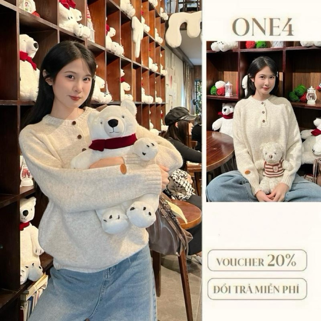 Áo Len Tay Dài Form Sweater Cổ Tròn Phối Khuy Họa Tiết Trơn Thời Trang Phối Đồ ONE4