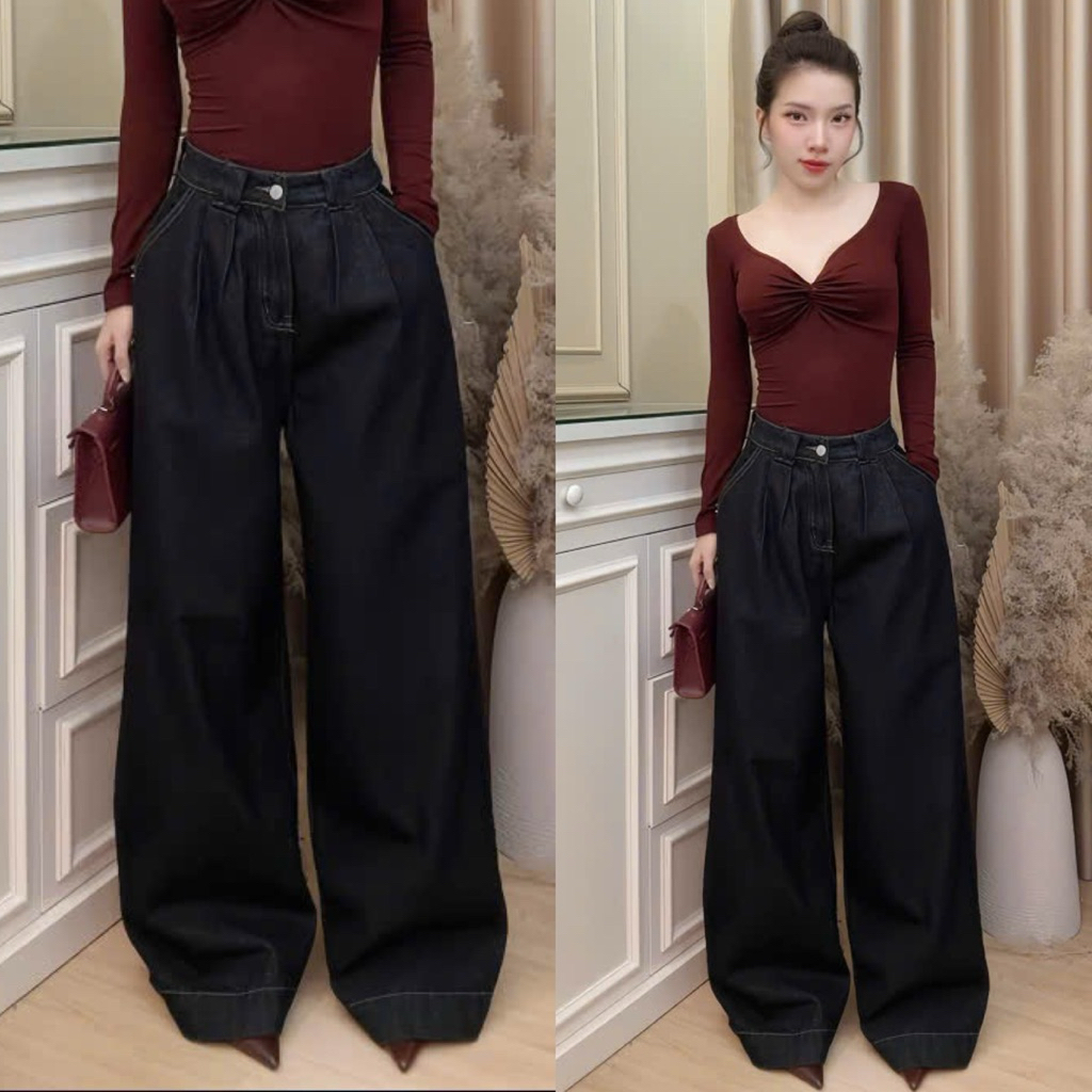 YURI JEANS - (Mã20) Quần Jeans Nữ Xếp Ly Ống Rộng Màu Đen Xám Phối Nắp Túi