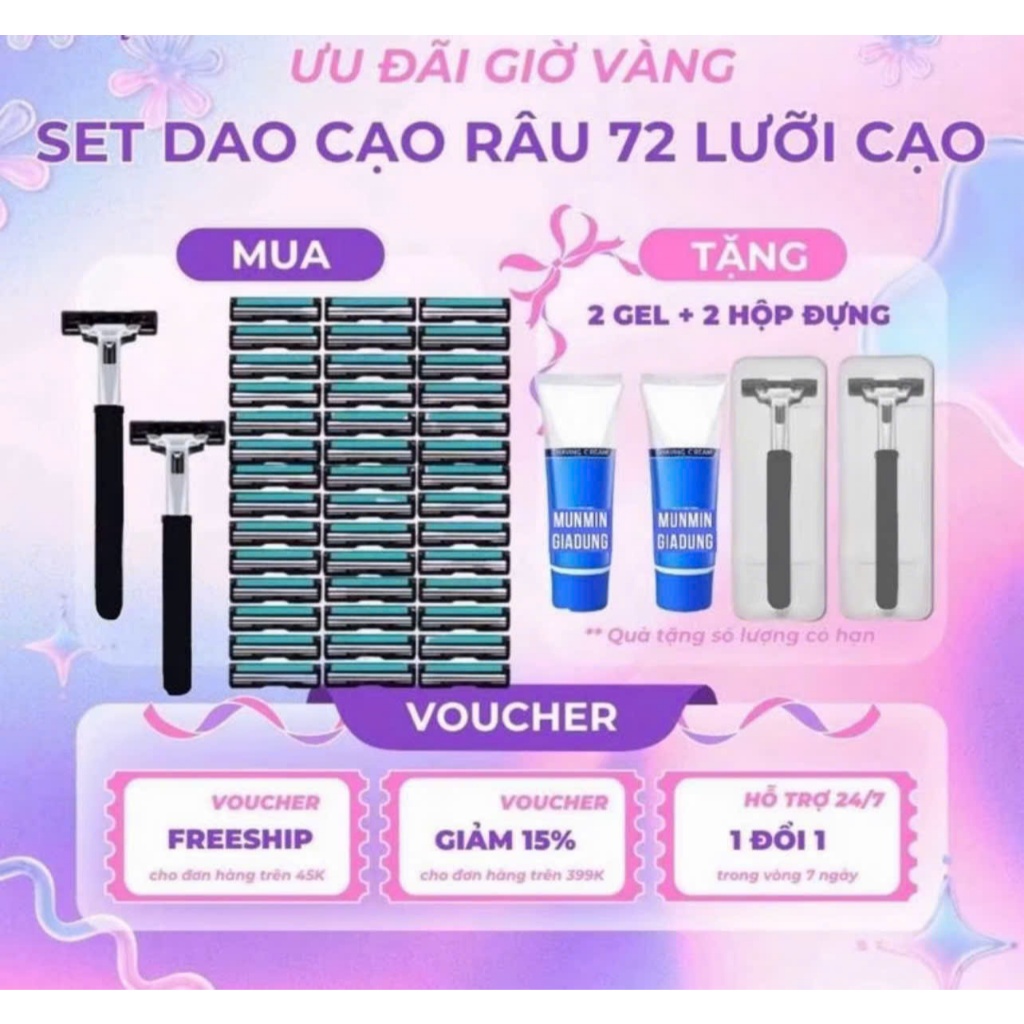 Combo 72 Lưỡi Dao Cạo Râu + 2 Cán Dao Tặng 2 Lọ Gel Làm Mềm Râu và Hộp Nhựa Đựng Cán(NgocAnhNgocAnhS