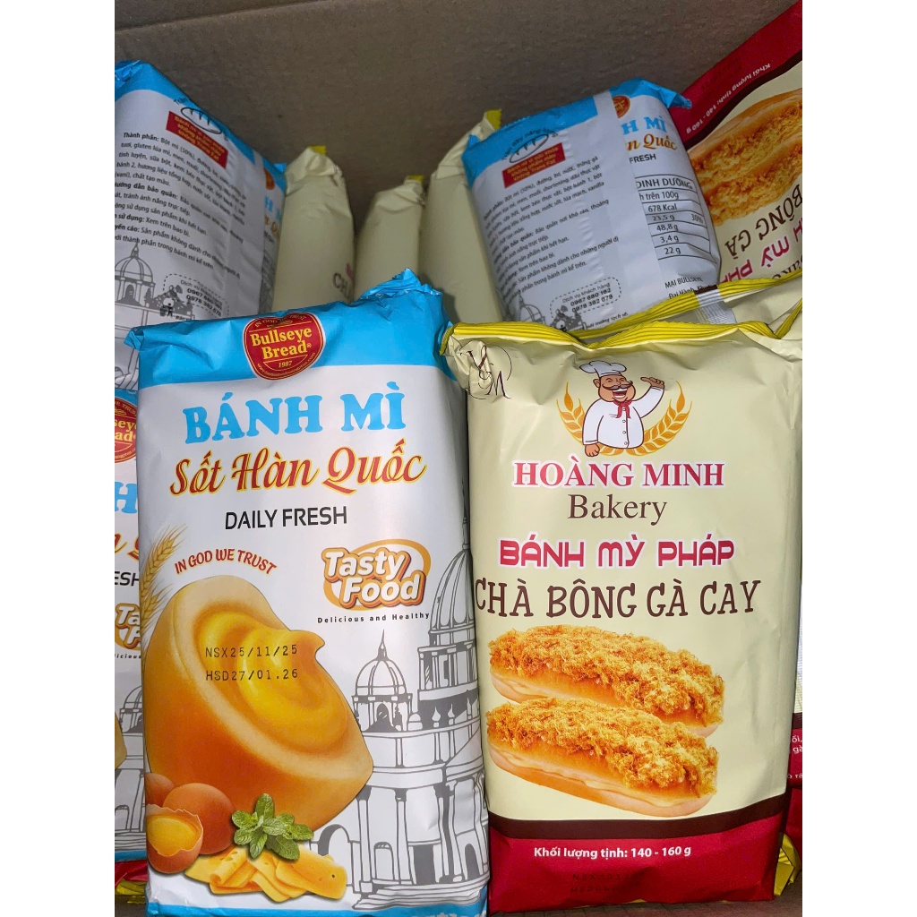 Bánh mì Pháp chà bông gà cay, bánh mì tươi chà bông ăn sáng bao bì xanh vàng tím đỏ tùy đợt 150g