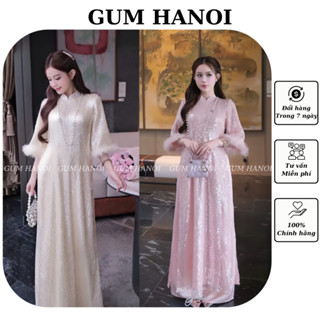  Áo dài cách tân KIM SA form rộng dáng suông tiểu thư kèm quần  áo dài lụa đính kim tuyến 4 tà phối tay lông GUM HANOI 