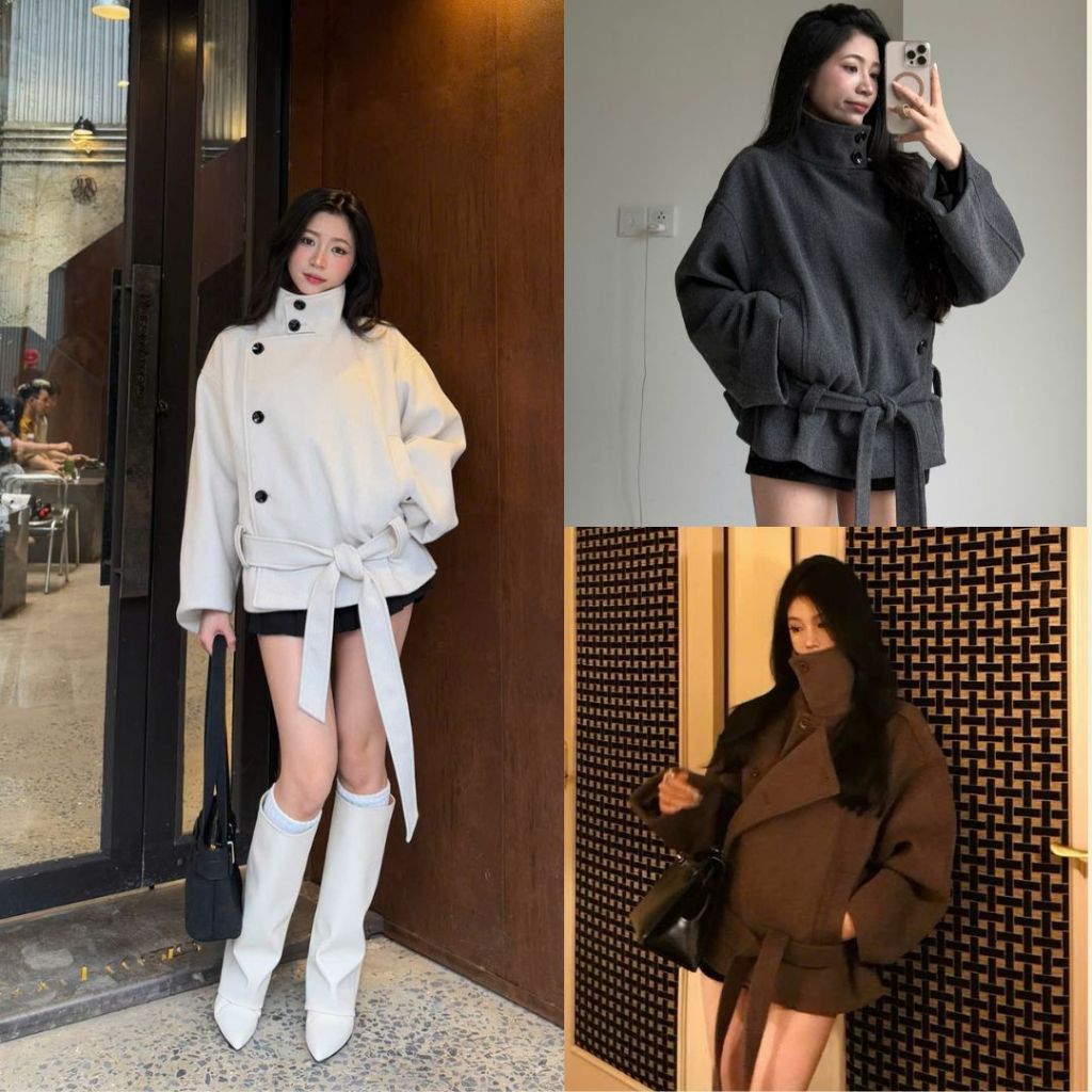Áo Khoác Dạ Nữ Dáng Lỡ Cổ Đứng Kèm Đai Thắt Eo Thanh Lịch Ấm Áp Phong Cách hàn Joolate