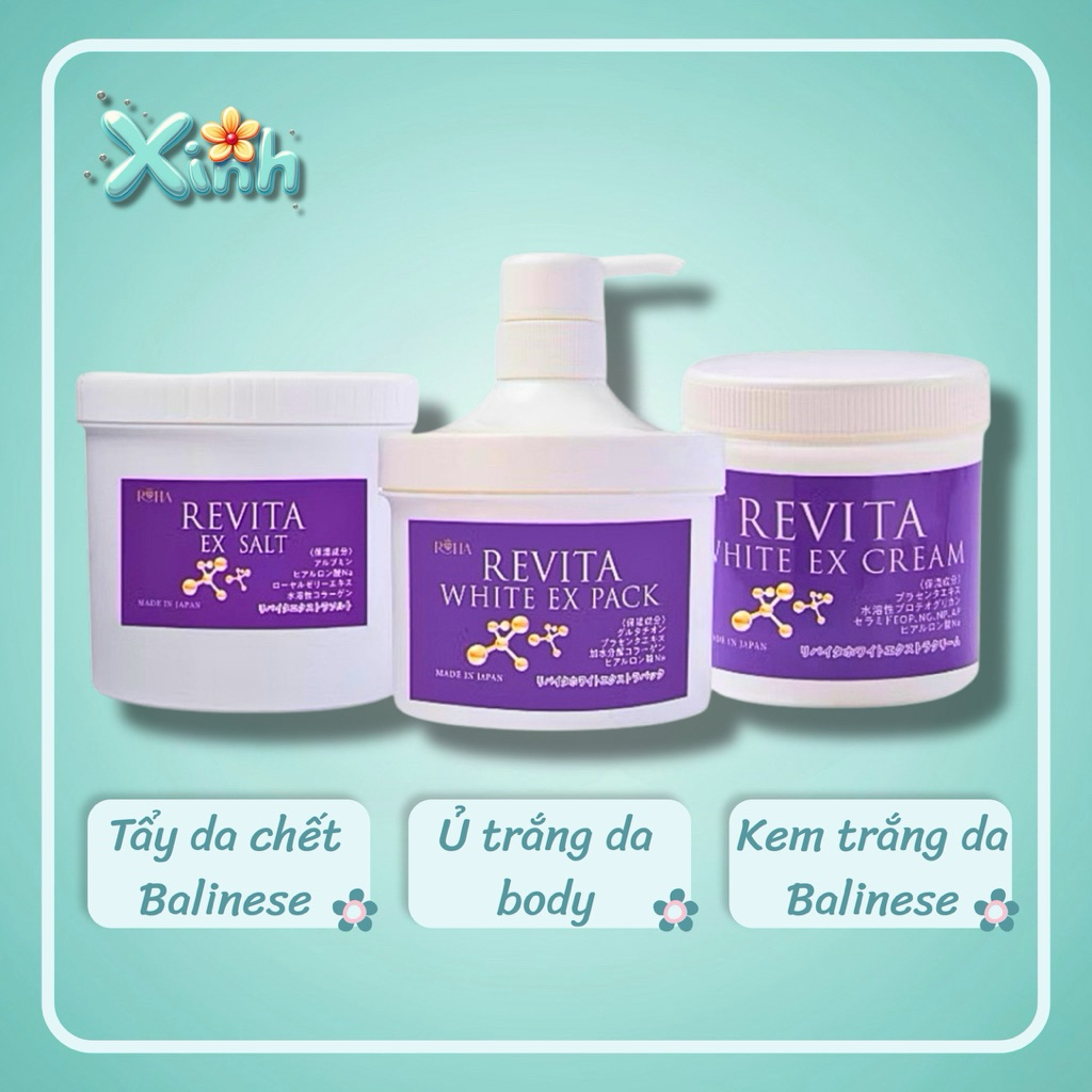Tẩy da chết Revita Ex Salt, Ủ trắng da body Revita White Ex Pack, Kem trắng da Revita White Ex Cream