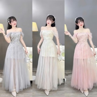 BIGSIZE HIẾU HIẾU  55-95KG  - Váy nữ ren hoa to thiết kế trễ vai phối voan dáng dài đi tiệc D586 