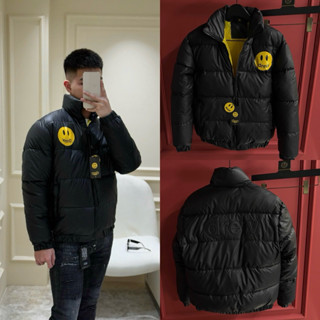  Áo khoác phao cổ trụ nam nữ PB gió da trần bông béo in logo mặt cười vàng ngực phối nổi chữ lưng AK313P 