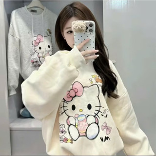  áo sweater nỉ dài tay cổ tròn màu da in hello kitty cún nơ dễ thương 