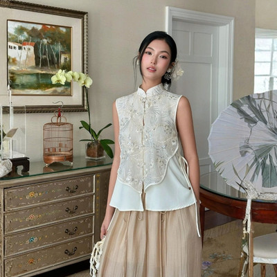 TUBYCATU | Áo Kiểu Truyền Thống Cổ Tàu Nút Ngọc Thêu Kim Sa Tương Cầm Chất Lụa Cao Cấp