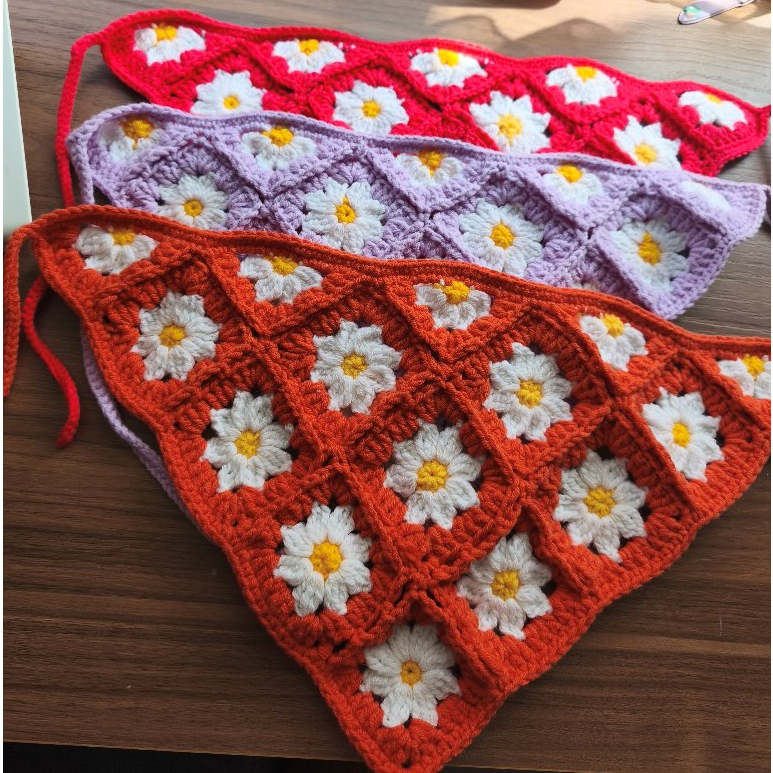 ( Hình Thật ) Khăn Bandana tam giác hoa cúc handmade bằng len xinh xắn - Lalahome Craft