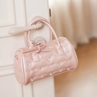  Túi Rosy Bag Hérisson màu hồng nhũ da PU chần bông hoạ tiết nơ kèm dây đeo chéo 