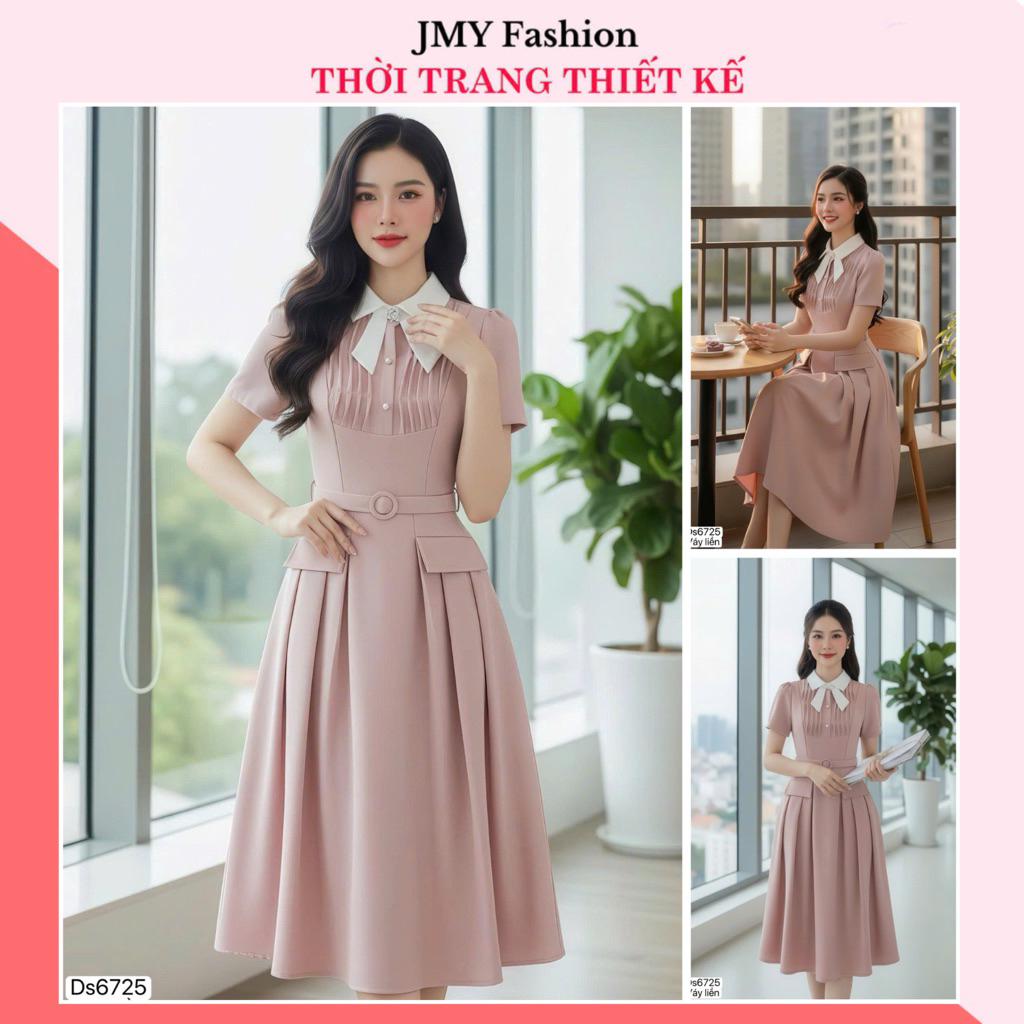 DS6725 Váy hồng xòe dáng dài thiết kế cổ nơ trắng tiểu thư [Dolce Viva Colection (DVC/ACC)]