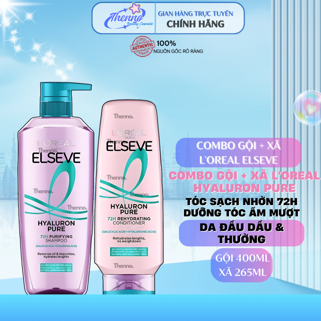 Dầu Gội & Xả L'Oreal Elseve Hyaluron Pure 72H Purifying Shampoo 400ml/265ml