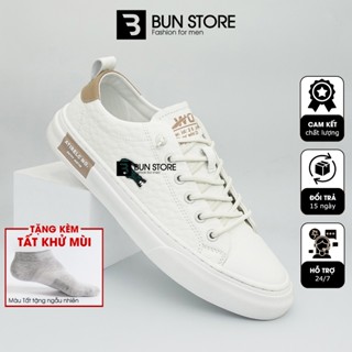  Giày Da Sneaker Nam Cao Cấp Dây Giày Lười Co Giãn Màu Trắng Thêu Cá Nhẹ Êm - BunStore G6902 