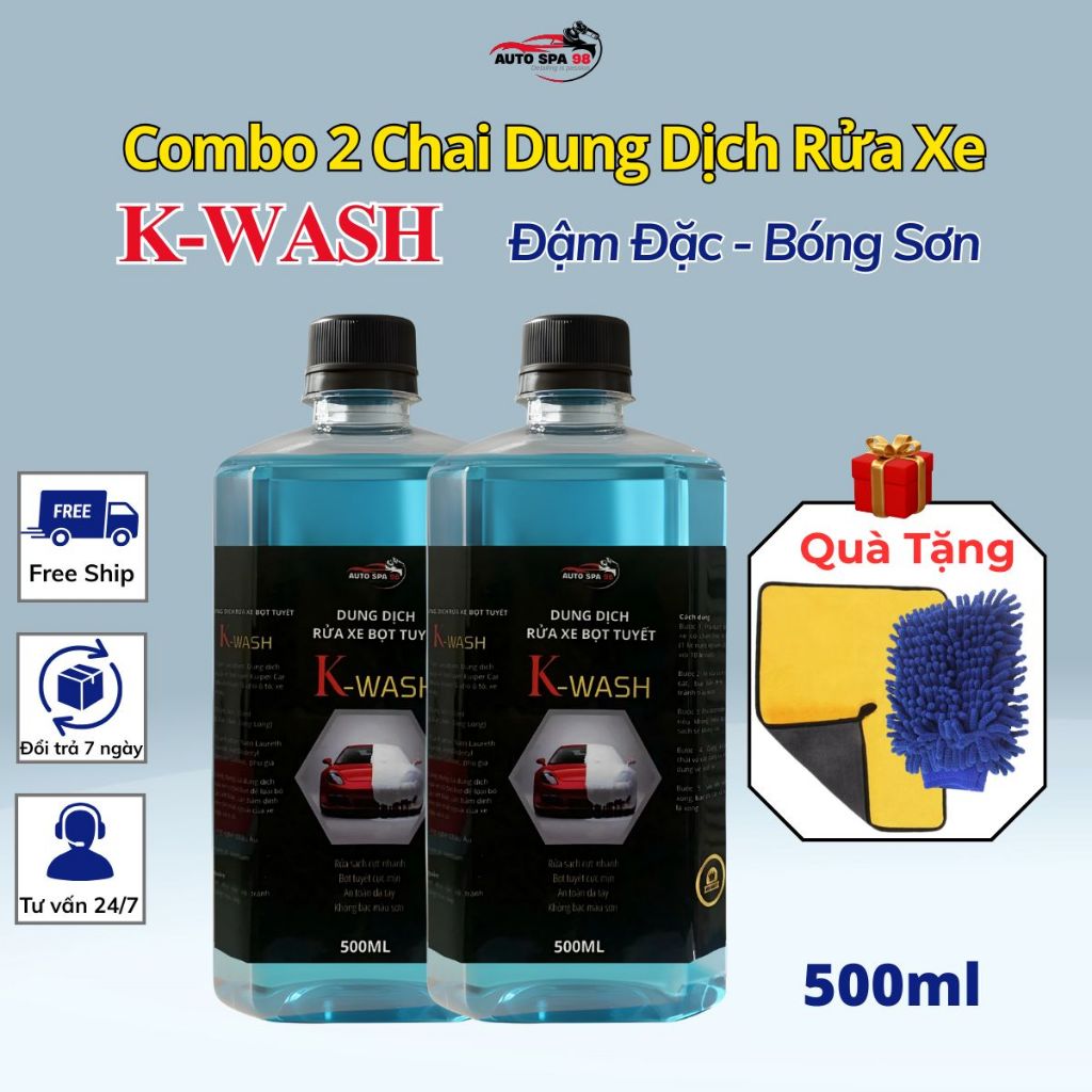 Combo 2 Chai Dung Dịch Rửa Xe Bọt Tuyết K-WASH 500ml – Chiết Từ Can 5L – Đậm Đặc, Bóng Sơn – Tặng Kh