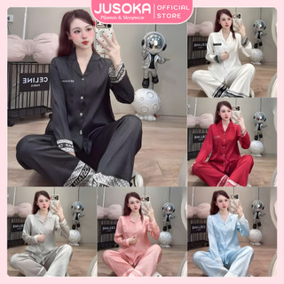   FREESIZE  Bộ ngủ Pijama nữ JUSOKA viền chữ lụa gấm xước ánh kim tay dài quần dài DD48 