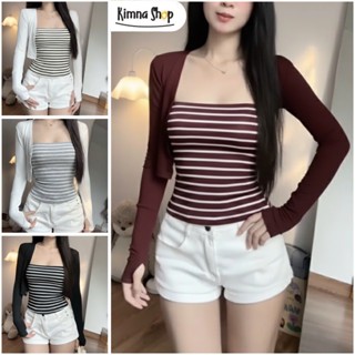 Set Áo Khoác Croptop Cotton Phối Cúc Tay Dài Mix Áo Ống Sọc Ngang