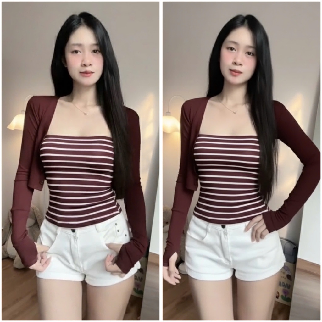 Set Áo Khoác Croptop Cotton Phối Cúc Tay Dài Mix Áo Ống Sọc Ngang | BigBuy360 - bigbuy360.vn