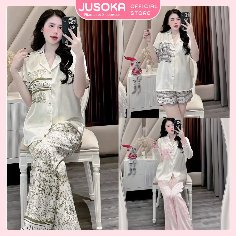 Bộ đồ Pijama JUSOKA lụa gấm xước ánh kim họa tiết in full DELIGHT HH11 xinh xắn dễ thương