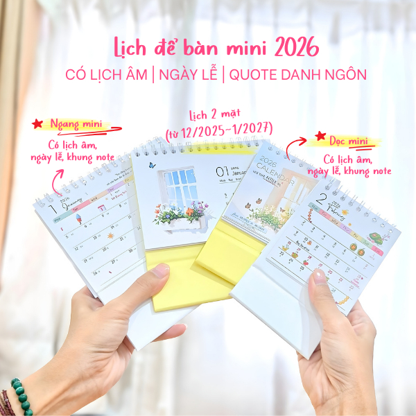 Lịch để bàn mini 2026 dễ thương, có lịch âm và ngày lễ Tết (Lịch từ 12/2025~1/2027)