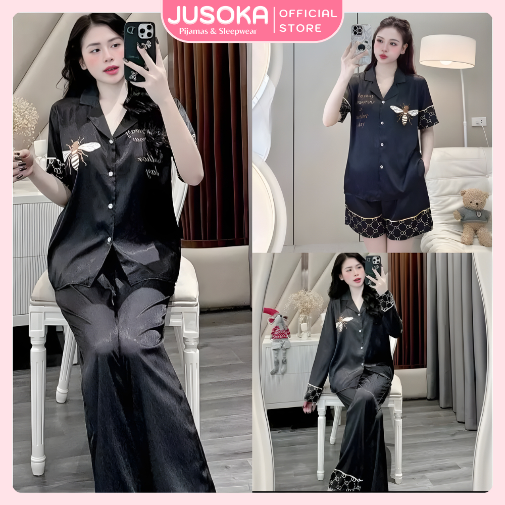 Bộ đồ Pijama JUSOKA lụa gấm xước ánh kim họa tiết ong HH34 xinh xắn sang chảnh