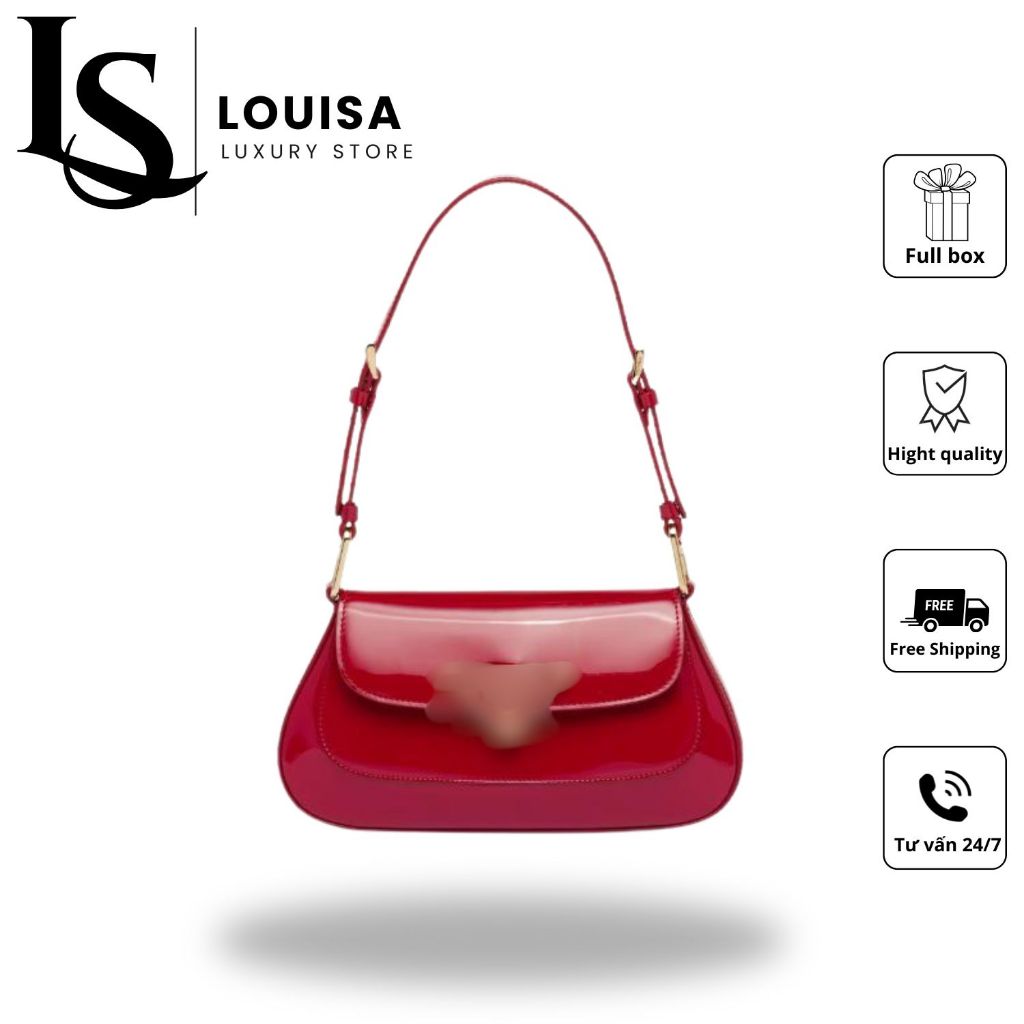 Túi xách P.r.a.d.a patent shoulder Louisa Store, da bóng màu đỏ sang trọng, dây vai tinh tế