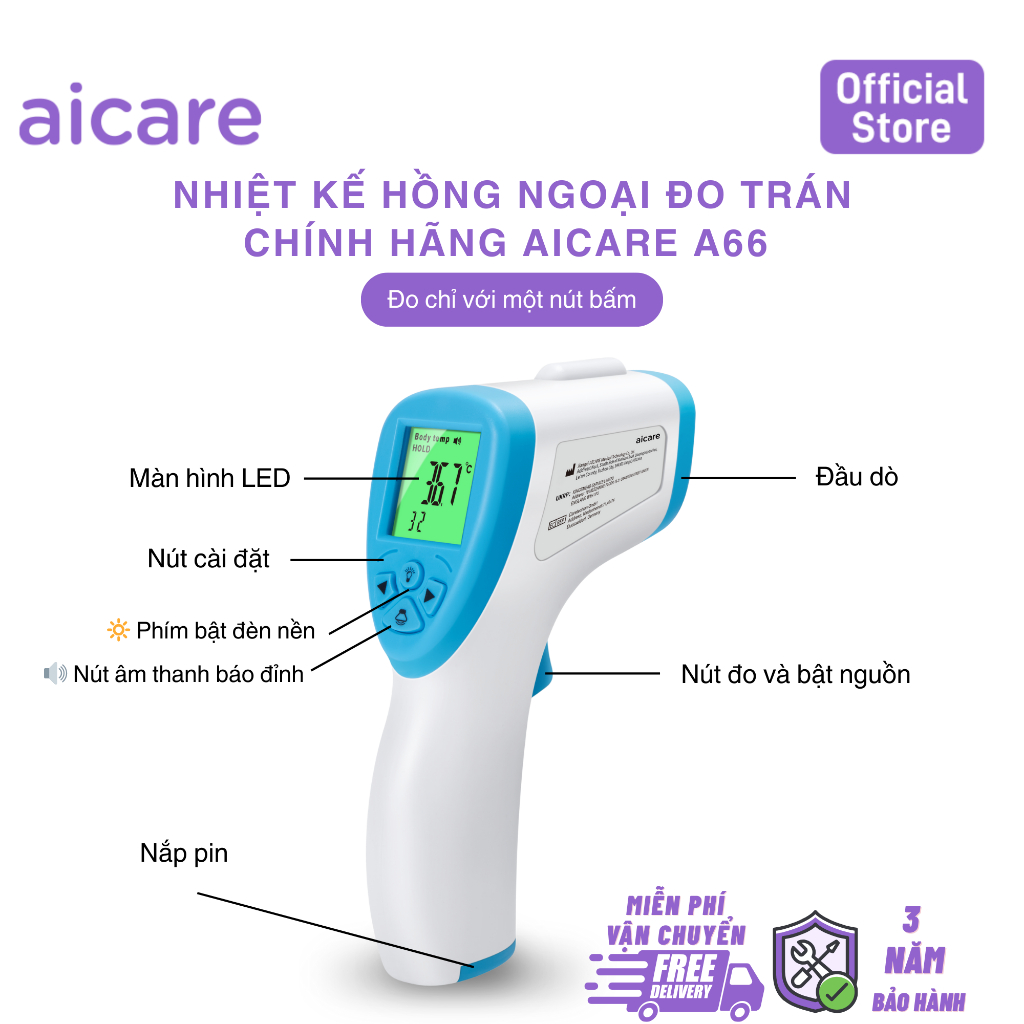 Nhiệt Kế Điện Tử Hồng Ngoại AICARE A66 Đo Trán Chính Hãng AICARE Cho Cá Nhân, Dễ Sử Dụng Tại Nhà