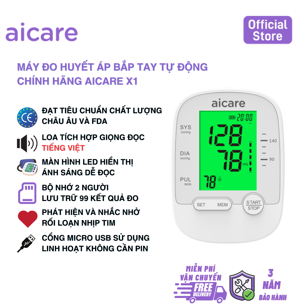 Máy Đo Huyết Áp Bắp Tay Tự Động Chính Hãng AICARE X1, Giọng Nói Tiếng Việt Dễ Sử Dụng Tại Nhà