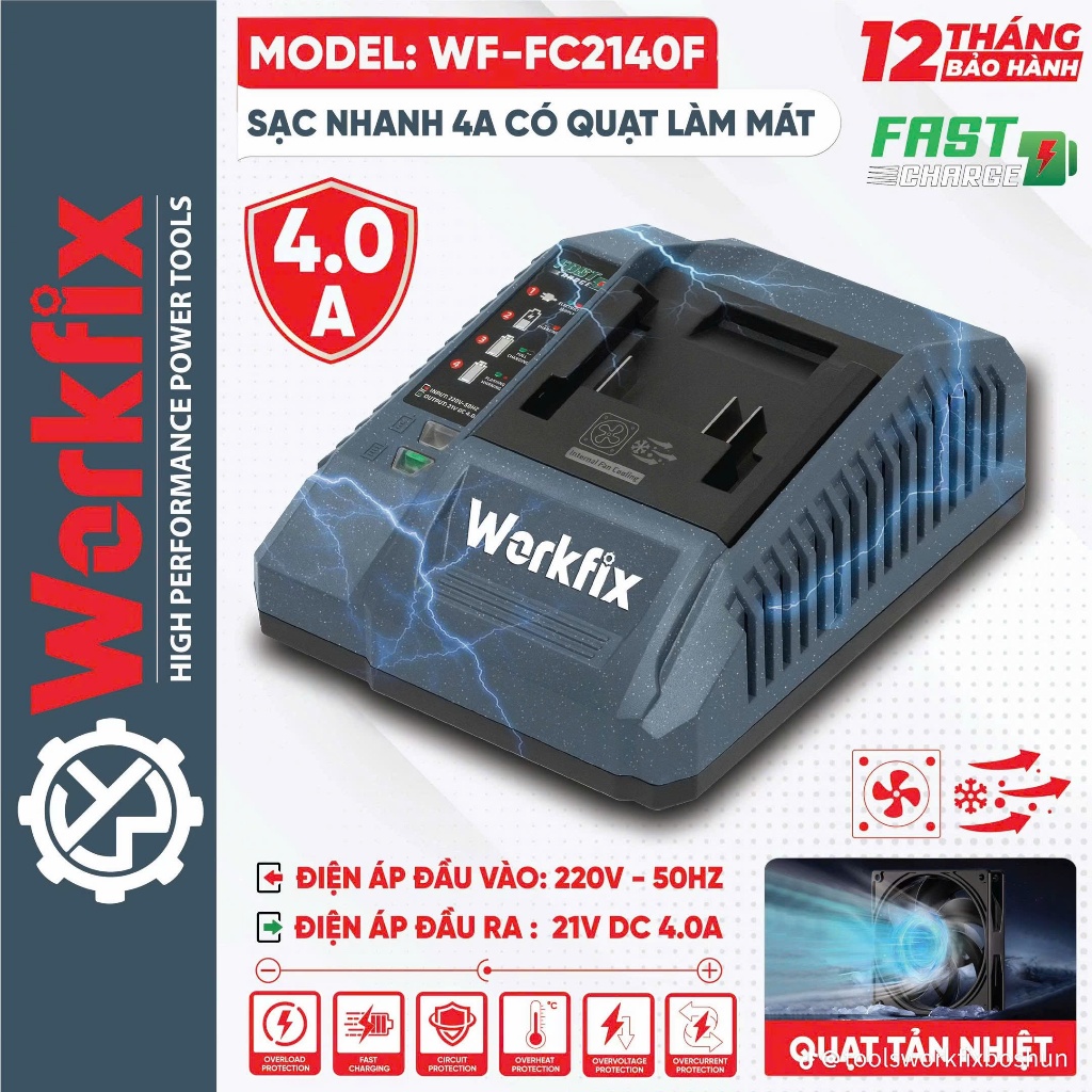 Đế sạc pin nhanh Workfix WF-FC2140F, Sạc nhanh 4A, Chân pin phổ thông, Có quạt làm mát, Có chip bảo vệ dòng điện