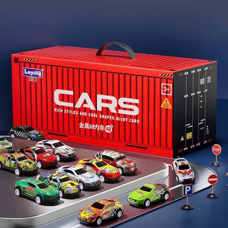 Bộ Đồ Chơi 48 Xe Ô Tô Chạy Đà Hộp Container Kèm Đường Đua