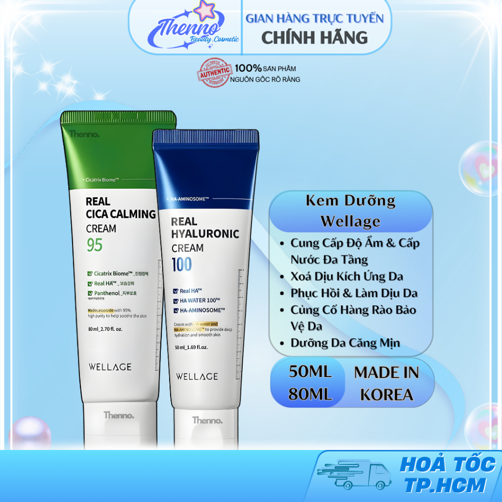 Kem Dưỡng Ẩm Làm Dịu & Phục Hồi Da Wellage Real Hyaluronic 100/Real Cica Calming 95 Cream Da 50ml Hà