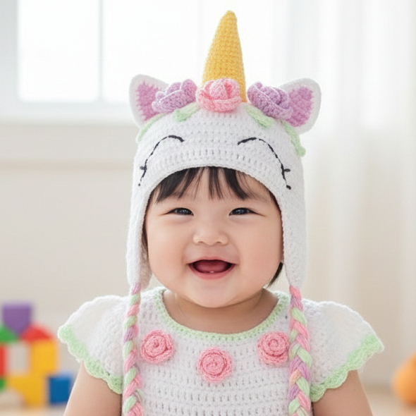 Nón len Pony trắng cho bé gái - mũ len kỳ lân (làm theo yêu cầu)